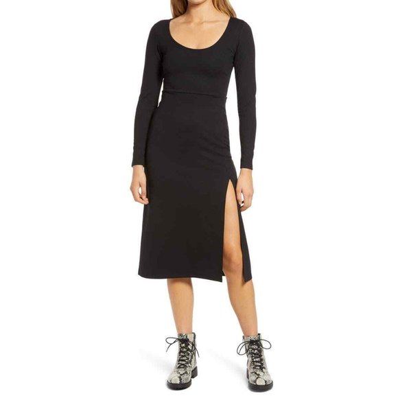 Leith Dresses & Skirts - Leith Womens S Scoop Neck Long Sleeve Side Slit Midi Dress Black Stretch NEW